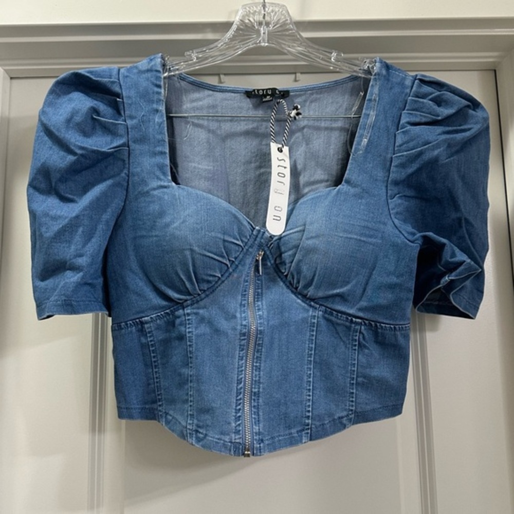 Puff sleeve zip up denim crop top